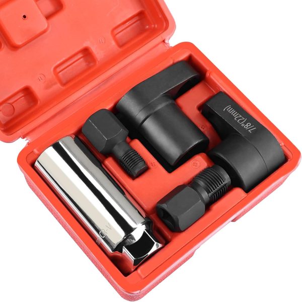 5-piece oxygen sensor socket set in red storage case with black adapters and chrome socket.