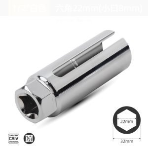 A silver 22mm chrome oxygen sensor socket featuring a narrow 8mm slot and 1/2 inch drive.