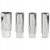 Four chrome deep spark plug sockets (14mm, 14mm thin wall, 16mm, and 21mm) lined up on a white background showing knurled grips.