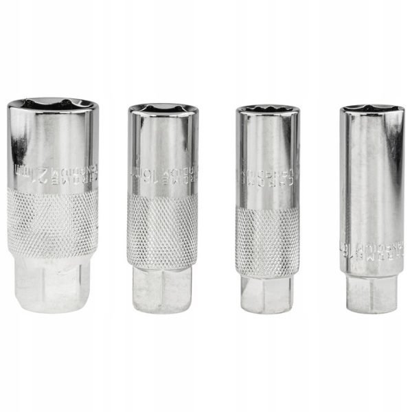 Four chrome deep spark plug sockets (14mm, 14mm thin wall, 16mm, and 21mm) lined up on a white background showing knurled grips.