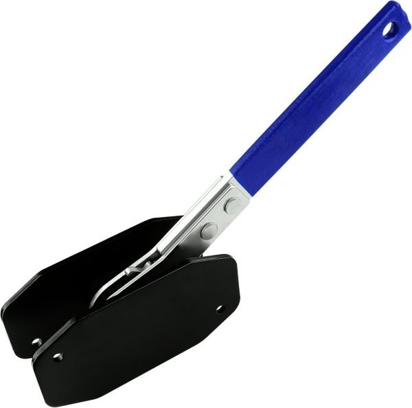 Angled view of the blue-handled compact ratcheting brake spreader showing the black contact plates.