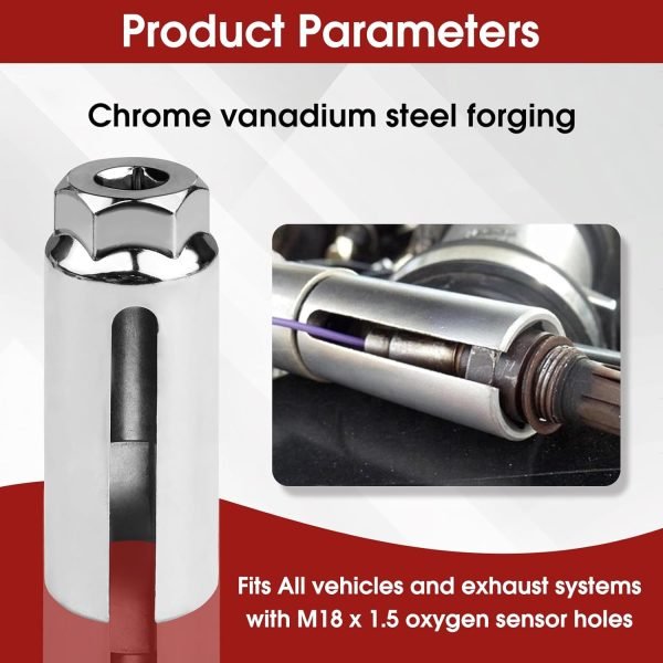 5-piece oxygen sensor socket set in red storage case with black adapters and chrome socket.