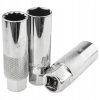 Four chrome deep spark plug sockets (14mm, 14mm thin wall, 16mm, and 21mm) lined up on a white background showing knurled grips.