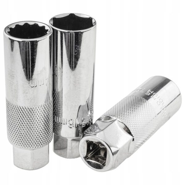 Four chrome deep spark plug sockets (14mm, 14mm thin wall, 16mm, and 21mm) lined up on a white background showing knurled grips.