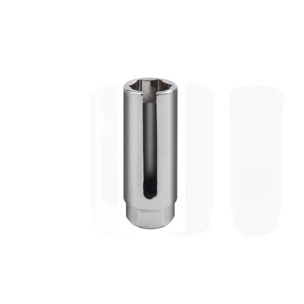 A silver 22mm chrome oxygen sensor socket featuring a narrow 8mm slot and 1/2 inch drive.