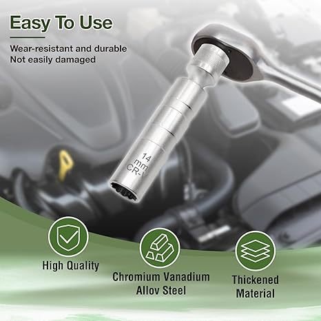 Two black swivel spark plug sockets side by side, 14mm and 16mm CR-V steel with 3/8 inch drive.