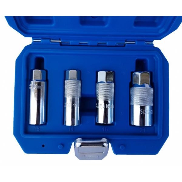 Four chrome deep spark plug sockets (14mm, 14mm thin wall, 16mm, and 21mm) lined up on a white background showing knurled grips.