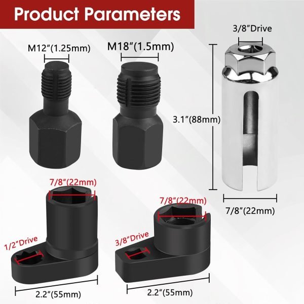 5-piece oxygen sensor socket set in red storage case with black adapters and chrome socket.