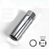 Matte silver 14mm/16mm short spark plug socket with 3/8" drive and strong internal magnet.