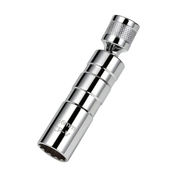 Matte silver 14mm/16mm short spark plug socket with 3/8" drive and strong internal magnet.