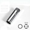 Matte silver 14mm/16mm short spark plug socket with 3/8" drive and strong internal magnet.