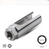 A silver 22mm chrome oxygen sensor socket with a wide 18mm slot and 1/2 inch square drive.