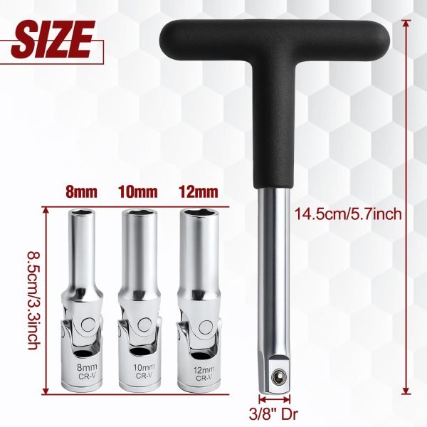 Three chrome vanadium universal joint sockets (8mm, 10mm, and 12mm) displayed side-by-side on a white background, highlighting their flexible joints.