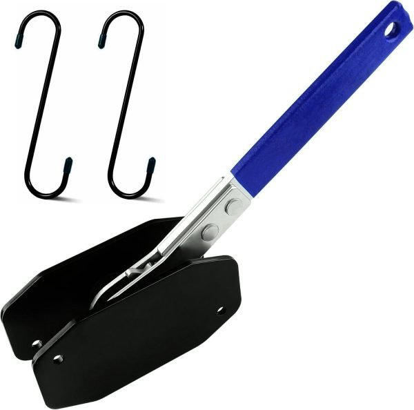 Top-down view of the blue-handled compact ratcheting brake spreader with two black S-hooks arranged neatly beside it.