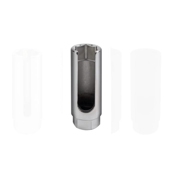 A silver 22mm chrome oxygen sensor socket with a wide 18mm slot and 1/2 inch square drive.