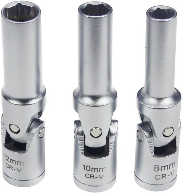 Three chrome vanadium universal joint sockets (8mm, 10mm, and 12mm) displayed side-by-side on a white background, highlighting their flexible joints.