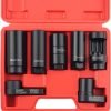 Red case containing a 7-piece black chrome vanadium steel oxygen sensor and vacuum switch socket wrench set.