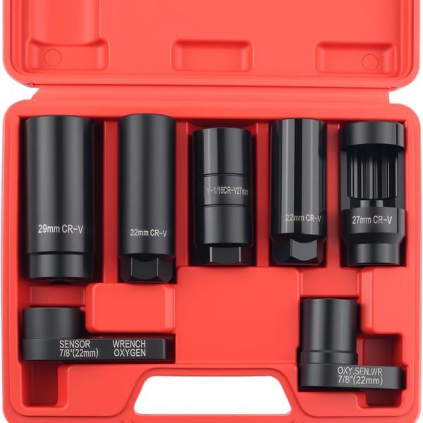 Red case containing a 7-piece black chrome vanadium steel oxygen sensor and vacuum switch socket wrench set.