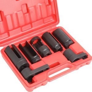 Red case containing a 7-piece black chrome vanadium steel oxygen sensor and vacuum switch socket wrench set.
