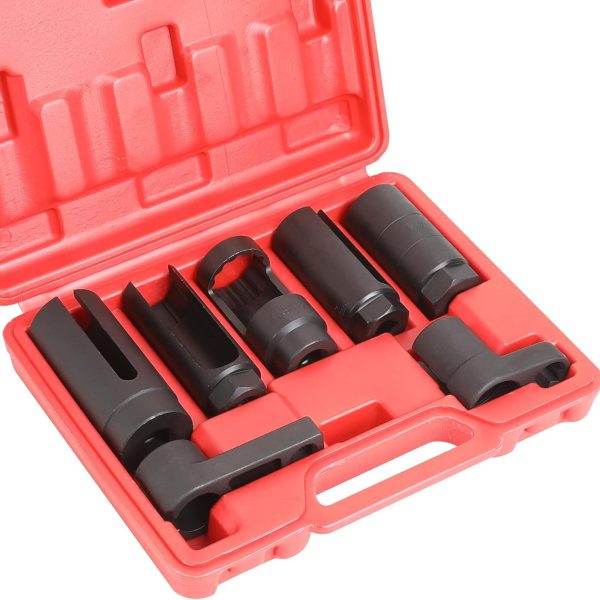 Red case containing a 7-piece black chrome vanadium steel oxygen sensor and vacuum switch socket wrench set.