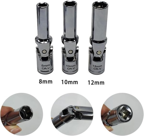 Three chrome vanadium universal joint sockets (8mm, 10mm, and 12mm) displayed side-by-side on a white background, highlighting their flexible joints.
