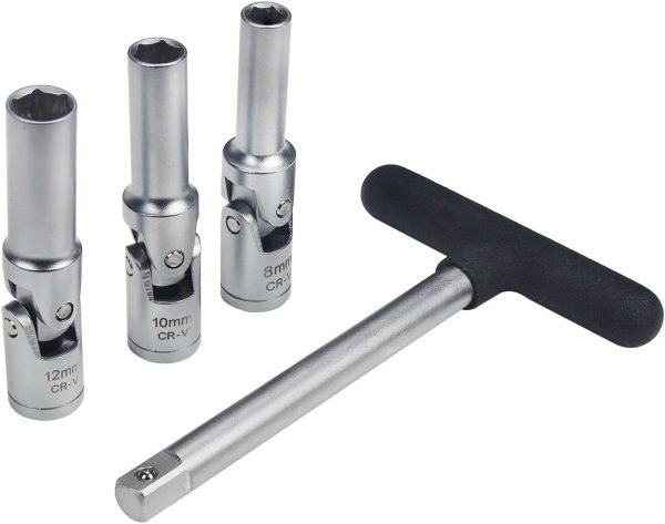 Three chrome vanadium universal joint sockets (8mm, 10mm, and 12mm) displayed side-by-side on a white background, highlighting their flexible joints.