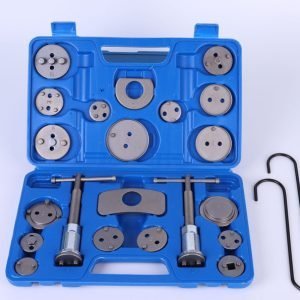 Open blue blow-molded case displaying the complete 21-piece brake caliper wind-back tool set, highlighting the two main tools, numerous adapter plates, and the two black S-hooks on the side.