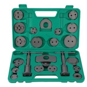 Open green blow-molded case displaying the complete 22-piece dual-spindle brake caliper wind-back tool set.