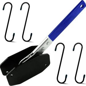 Blue-handled compact ratcheting brake spreader with 4 black-tip S-hooks on a white background.