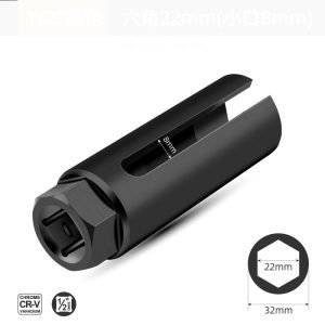 A matte black 22mm oxygen sensor socket with a narrow 8mm slot and 1/2 inch drive.