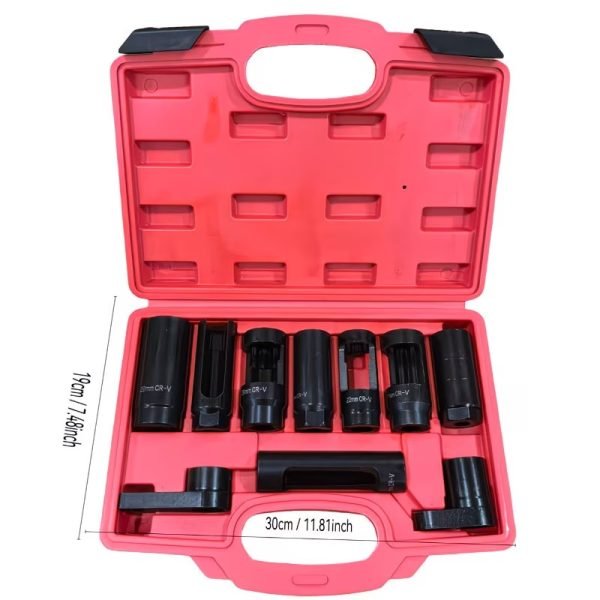 Open red blow-mold case displaying a 10-piece black CR-V exhaust valve and oxygen sensor socket wrench set.