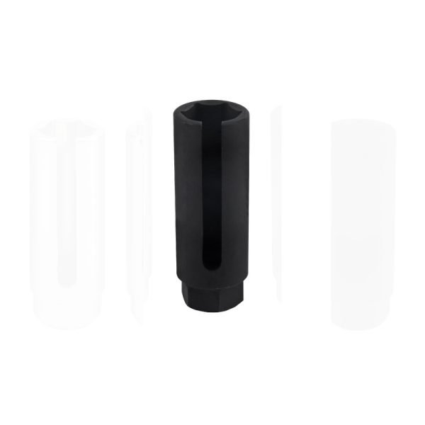 A matte black 22mm oxygen sensor socket with a narrow 8mm slot and 1/2 inch drive.