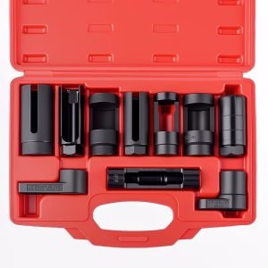 Open red blow-mold case displaying a 10-piece black CR-V exhaust valve and oxygen sensor socket wrench set.