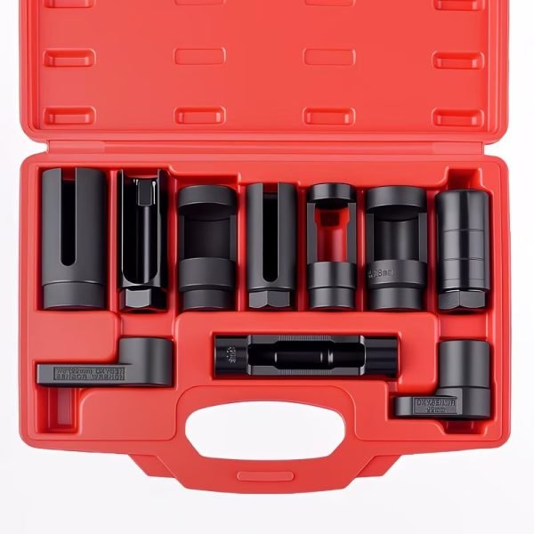 Open red blow-mold case displaying a 10-piece black CR-V exhaust valve and oxygen sensor socket wrench set.