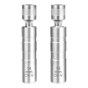 Two black swivel spark plug sockets side by side, 14mm and 16mm CR-V steel with 3/8 inch drive.