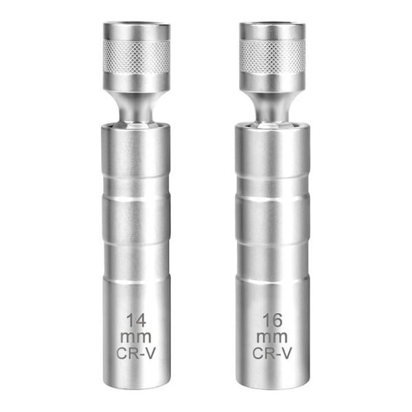 Two black swivel spark plug sockets side by side, 14mm and 16mm CR-V steel with 3/8 inch drive.