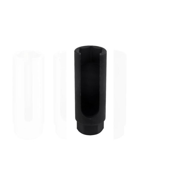 A matte black 22mm oxygen sensor socket with a wide 18mm slot and 1/2 inch square drive.