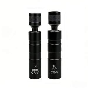 Two black swivel spark plug sockets side by side, 14mm and 16mm CR-V steel with 3/8 inch drive.