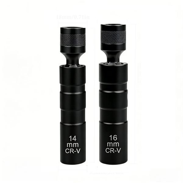 Two black swivel spark plug sockets side by side, 14mm and 16mm CR-V steel with 3/8 inch drive.