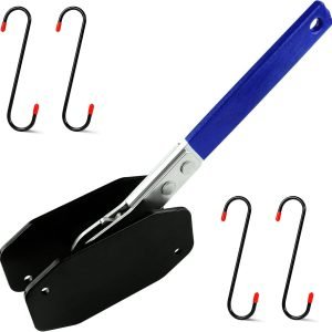 Blue-handled compact ratcheting spreader with 4 red-tipped anti-scratch S-hooks on a white background.