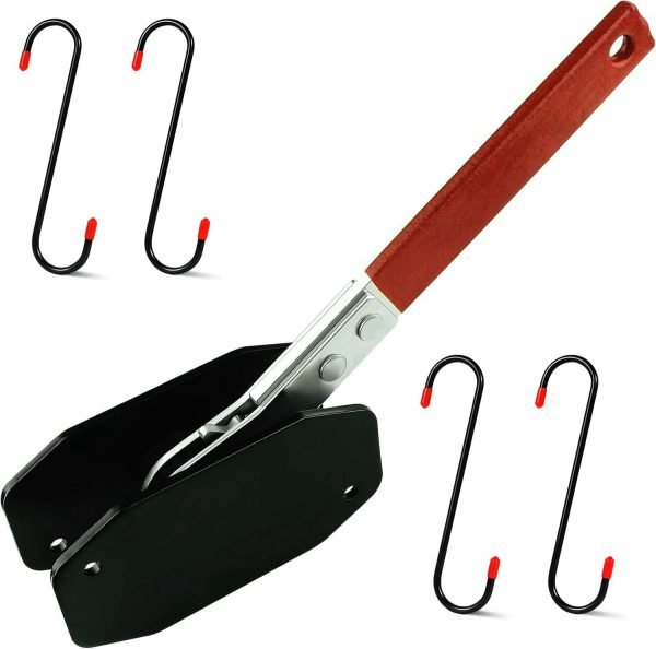 red-handled compact ratcheting spreader with 4 red-tipped anti-scratch S-hooks on a white background.