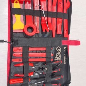 Full 30-piece tool set displayed open on a white background, showing all red plastic tools, metal levers, and precision pins neatly arranged in the black zippered case.