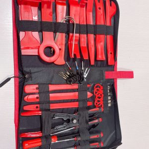 Top-down view of the 38-piece master tool kit laid open, showcasing the mix of red nylon tools, metal pry bars, stereo keys, and precision pins in the black zippered bag.