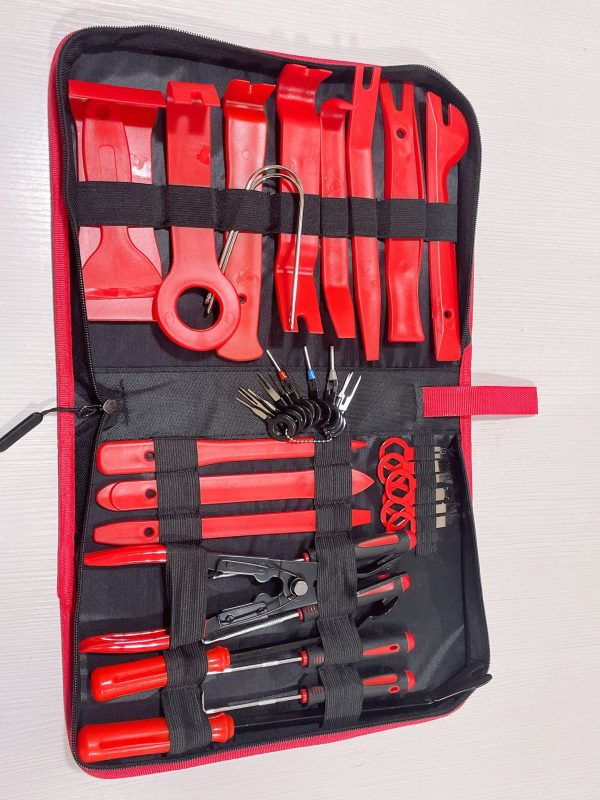 Top-down view of the 38-piece master tool kit laid open, showcasing the mix of red nylon tools, metal pry bars, stereo keys, and precision pins in the black zippered bag.