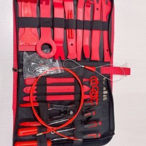 Top-down view of the 42-piece master kit, highlighting the orange wire puller loop and the terminal crimping pliers in the center.