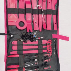 Top-down view of the 48-piece master kit laid out, showcasing the pink tools, metal pry bars, airbag pullers, and precision pins in the black zippered bag.
