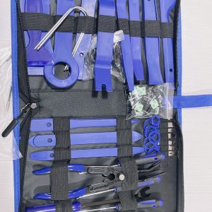 Top-down view of the 68-piece master kit laid out, showcasing the massive array of blue nylon tools, heavy-duty metal pry bars, and wire strippers in the black zippered bag.