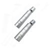 Silver 4-inch ultra-thin spark plug socket displayed diagonally, showing the slim body, laser-etched size markings, and 3/8" ball-joint drive end.