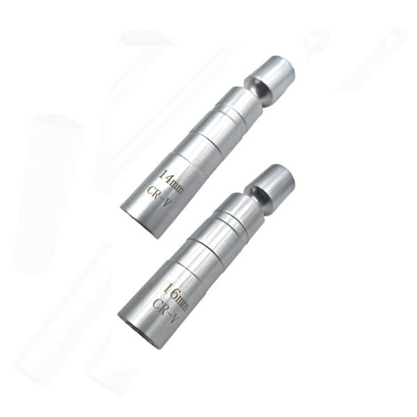 Silver 4-inch ultra-thin spark plug socket displayed diagonally, showing the slim body, laser-etched size markings, and 3/8" ball-joint drive end.