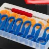 16-piece automotive tool kit in a white plastic case containing blue and yellow fuel line disconnect tools ranging from 6mm to 22mm, plus red-handled long and short valve core wrenches.